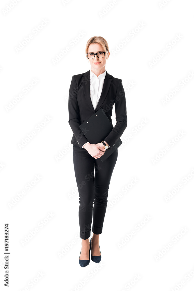 Confident businesswoman in black suit isolated on white Confident businesswoman in black suit isolated on white