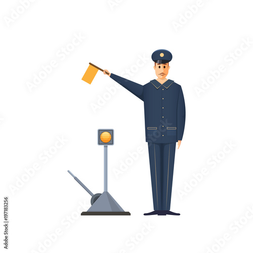 Duty railroader, officer at station is signaling. Controller railway station.