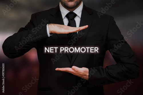 Billede på lærred Net Promoter score (NPS) concept text between hands of the businessman, blurry b