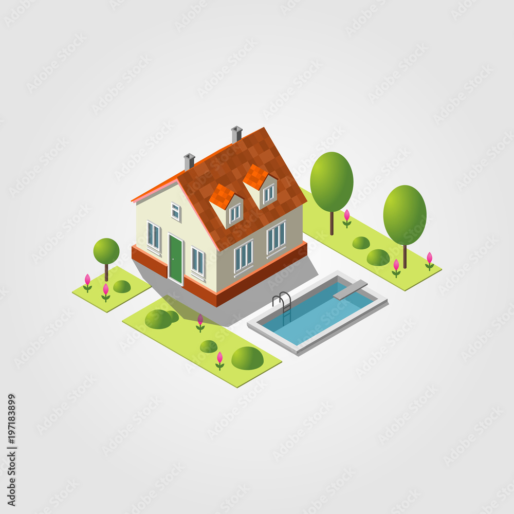 Isometric building with yard. Flat style. Vector illustration. Isometric building with yard. Flat style. Vector illustration.