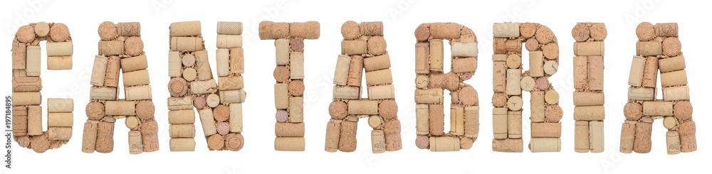 Wine region of Spain Cantabria made of wine corks Isolated on white background