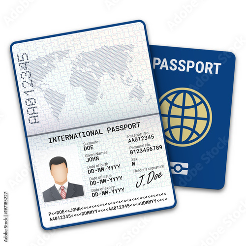 International male passport template with biometric data identification and sample of photo, signature and other personal data. Vector illustration