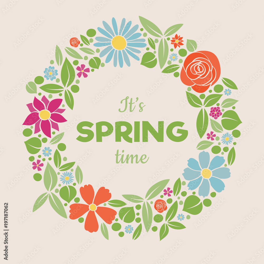 Welcome Spring - poster with hand drawn flowers. Vector.