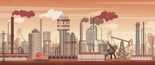 Vector chemical industrial landscape background. Industry, chemistry factory. Polluting environment.
