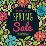 Design of a poster with hand drawn flowers - Spring Sale. Vector.