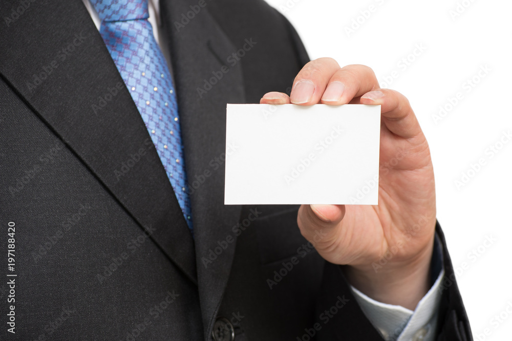 Man's hand showing business card - closeup shot on white background Man's hand showing business card - closeup shot on white background