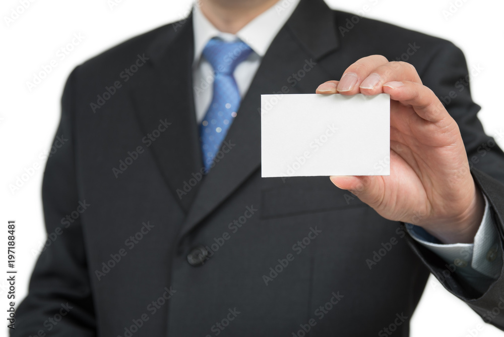 Man's hand showing business card - closeup shot on white background Man's hand showing business card - closeup shot on white background