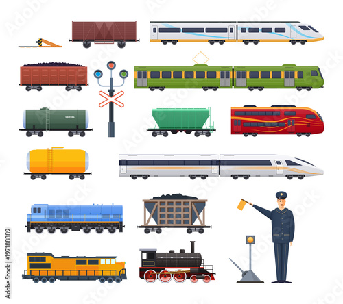 Railway locomotive with various wagons passenger, and cargo. photo