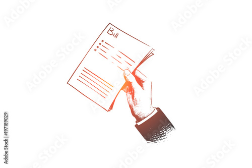 Bill concept. Hand drawn check in hand of man. Person holds paper bill isolated vector illustration.