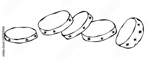 Potato Round Slices. Half of Potato and Potato Cuts. Fresh Farm Harvest Product. Vegetable Cooking Ingredient. Meat, Soup, Main Course Spice. Realistic Hand Drawn Illustration. Savoyar Doodle Style.