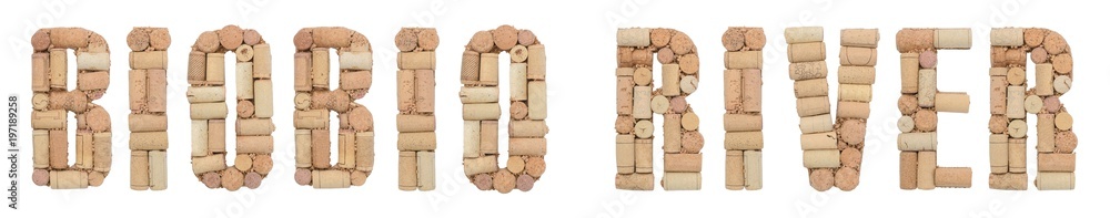 Wine region of Chile Biobío River made of wine corks Isolated on white background