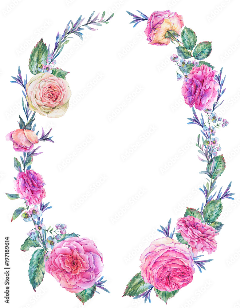 Nature watercolor wreath with roses