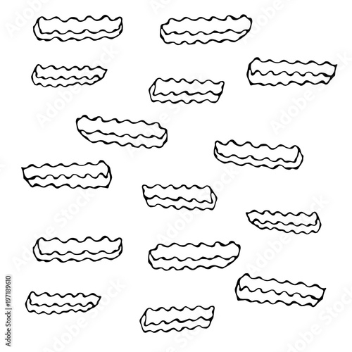 Wave Form French Fries. Fried Potato. Figure Knife Cuts of Potato Vegetable. Carved Cooking Ingredient, Fast Food or Street Food Cuisine. Realistic Hand Drawn Illustration. Savoyar Doodle Style.