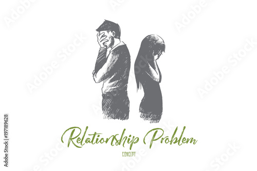 Relationship problem concept. Hand drawn man and woman standing back to back. Unhappy couple in conflict isolated vector illustration.