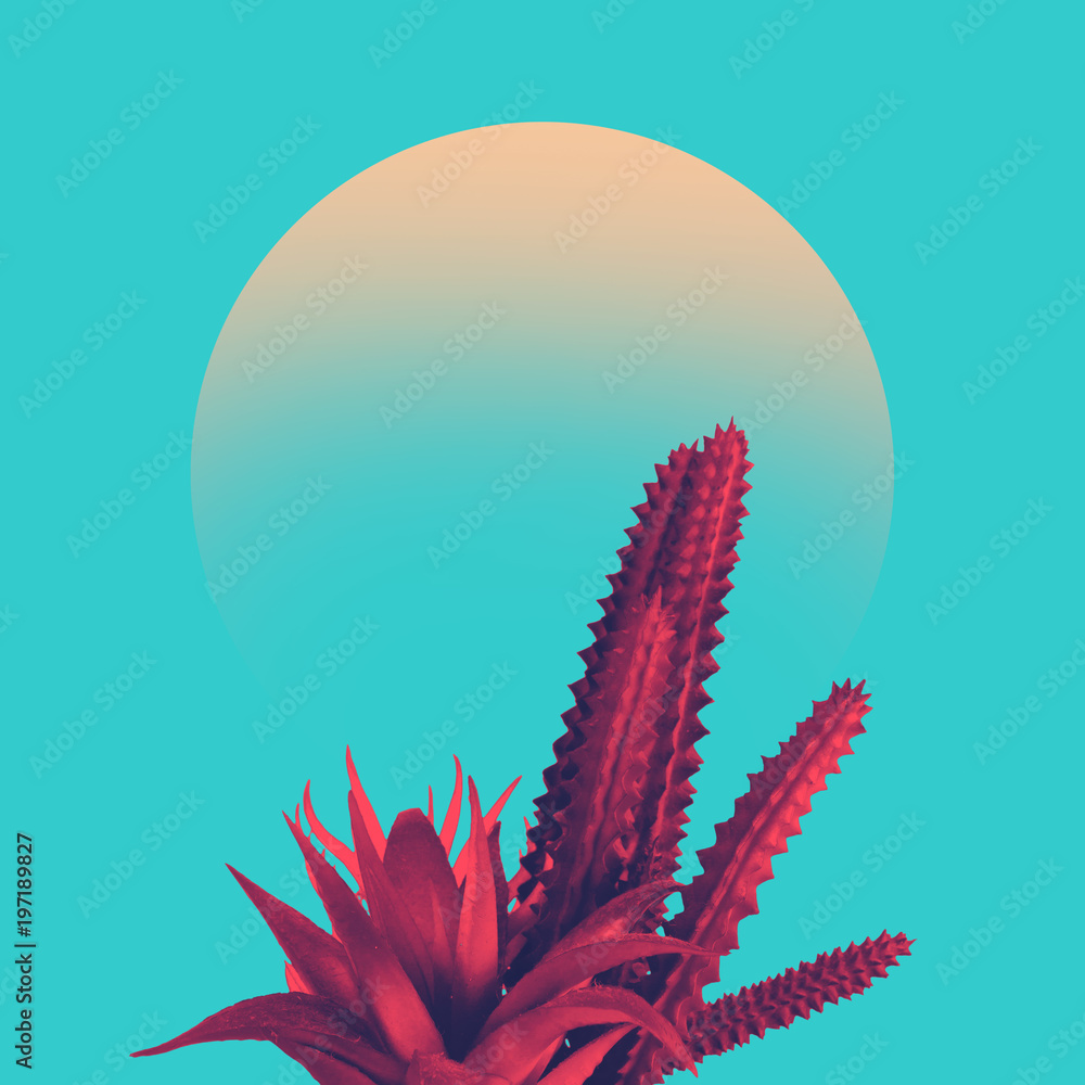 Cactus duotone in vibrant bold gradient holographic colors. Concept art. Minimal surrealism. - obrazy, fototapety, plakaty 