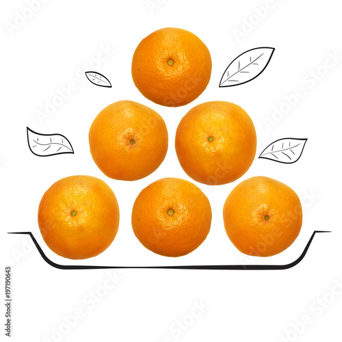 Fruit composition with fresh grapefruit and cartoon cute doodle drawing plate with leaves on white background. Creative minimalistic food concept.