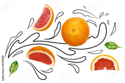 Fototapeta Naklejka Na Ścianę i Meble -  Fruit composition with fresh grapefruit and cartoon cute doodle drawing juice or liquid splash on white background. Creative minimalistic food concept.