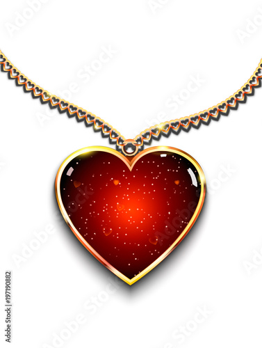 Heart-shaped pendant on necklace. Vector illustration of heart-shaped red pendant on golden necklace.