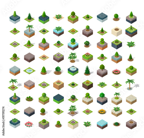 Natural set park urban landscape isometric 3D view urban infrastructure green, tree, and ecology plant