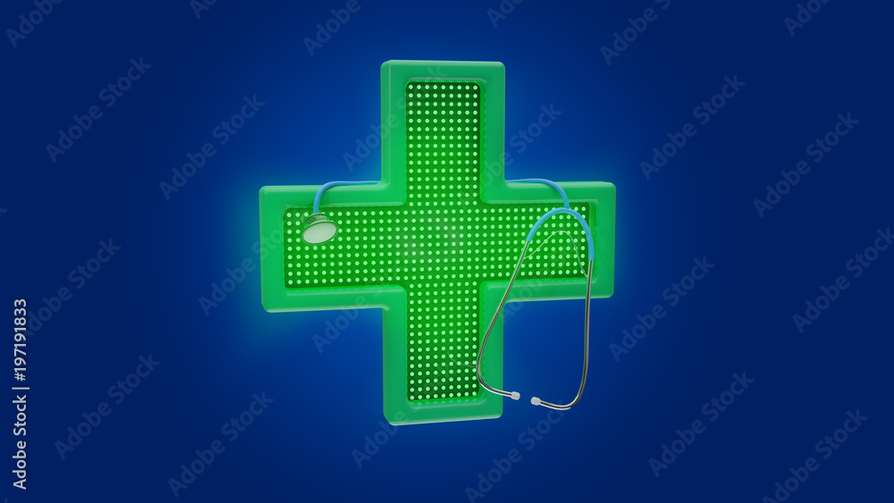 Lighting pharmacy cross and a stethoscope - 3d render Lighting pharmacy cross and a stethoscope - 3d render