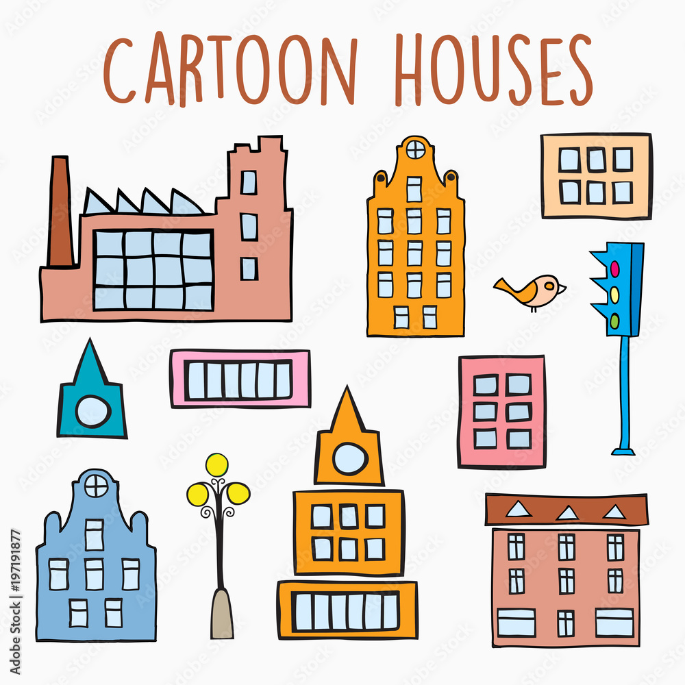 Cartoon house sketch drawing of children s flat style set