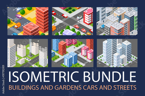 Bundle set infrastructure urban skyscrapers and houses with streets and cars isometric buildings crossroads road traffic cars.