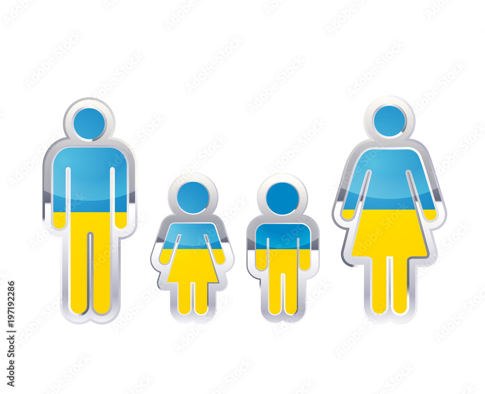 Glossy metal badge icon in man, woman and childrens shapes with Ukraine flag, infographic element on white Glossy metal badge icon in man, woman and childrens shapes with Ukraine flag, infographic element on white