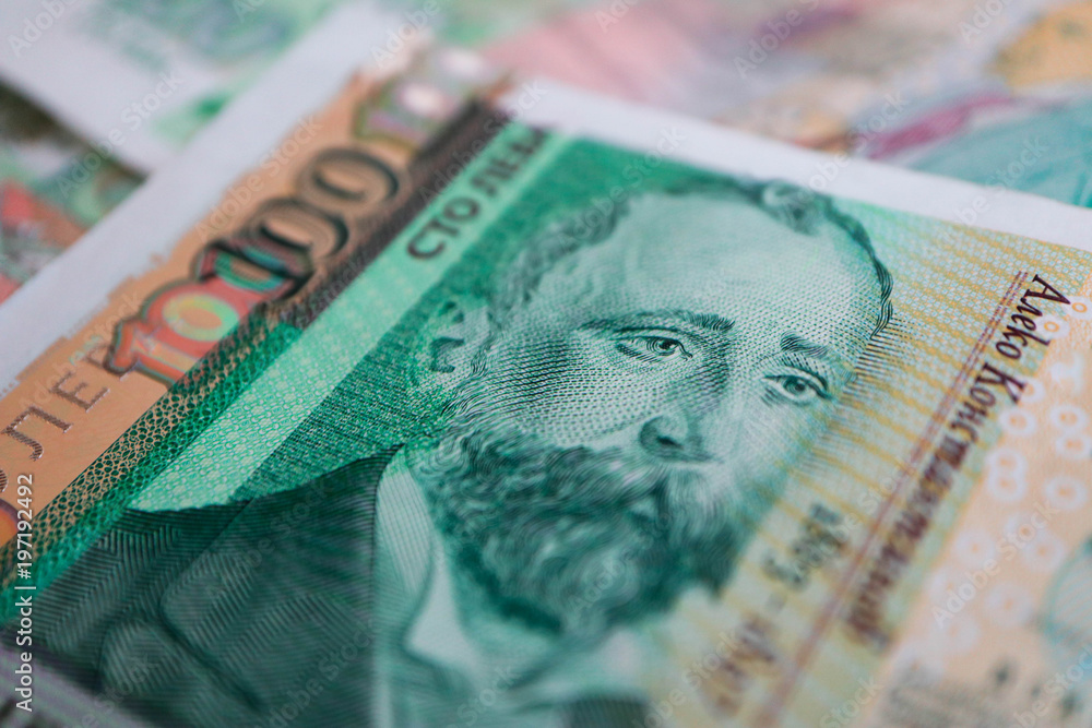 Obraz premium Photo depicts the Bulgarian currency banknote, 100 leva, BGN, close up. Depicts a portraiture of Aleko Konstantinov, famous Bulgarian poet.