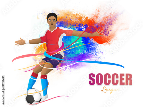 Soccer league concept with footballer kicking soccer ball on colorful abstract background. © Abdul Qaiyoom