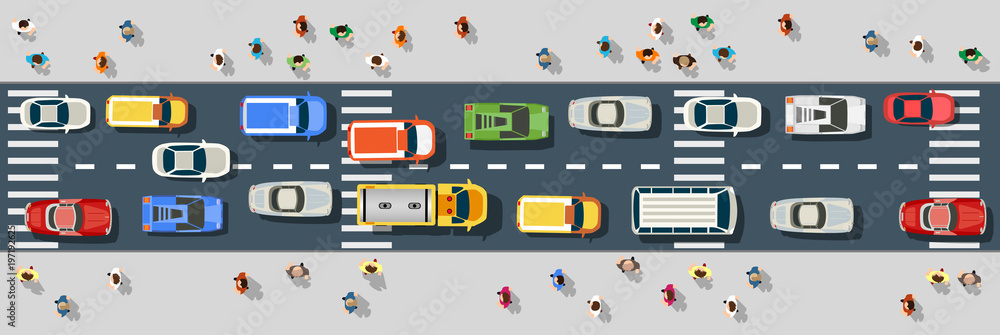 Top view from above on a city street with cars and people - obrazy, fototapety, plakaty 