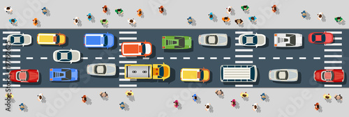 Top view from above on a city street with cars and people
