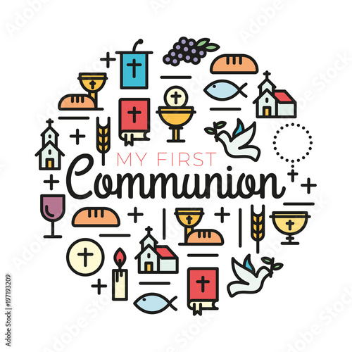 First communion symbols for a nice invitation design. Church and Christian Community Flat Outline Icons.