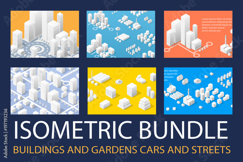 Isometric 3D set for design and creative with skyscrapers and other buildings of a dimensional city