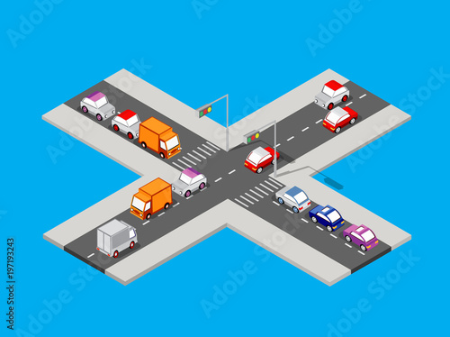 Isometric traffic intersection with cars and other buildings of a dimensional city