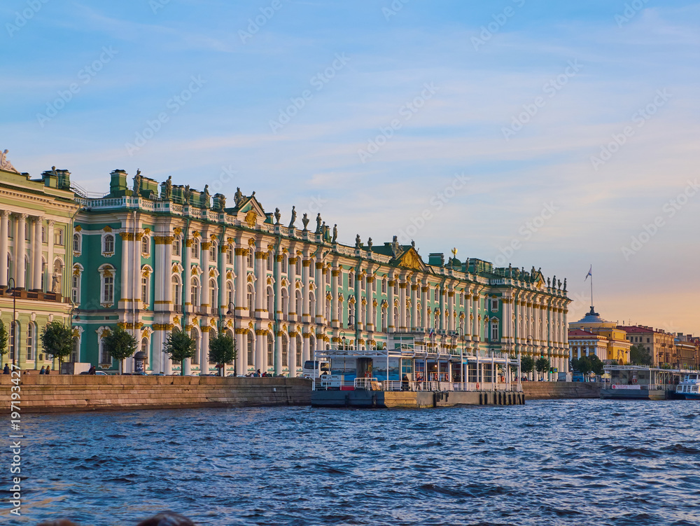 View from Neva River of the Winter Palace at sunset. Saint Petersburg, Russia