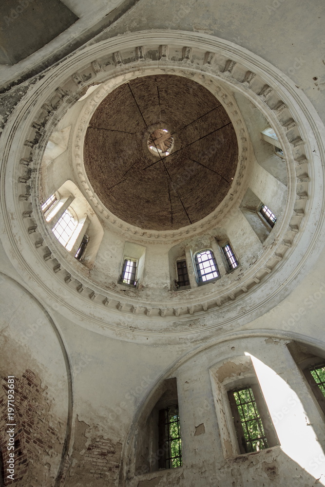 Abandoned ruined church interior. Bottom view under dome. 