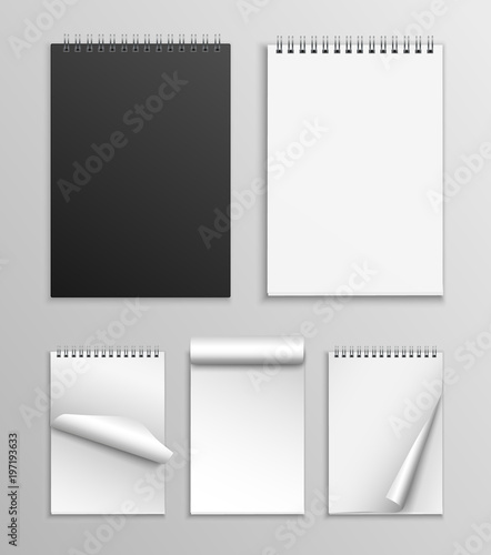 Vector collection of realistic notebooks with different positions of pages isolated on grey background