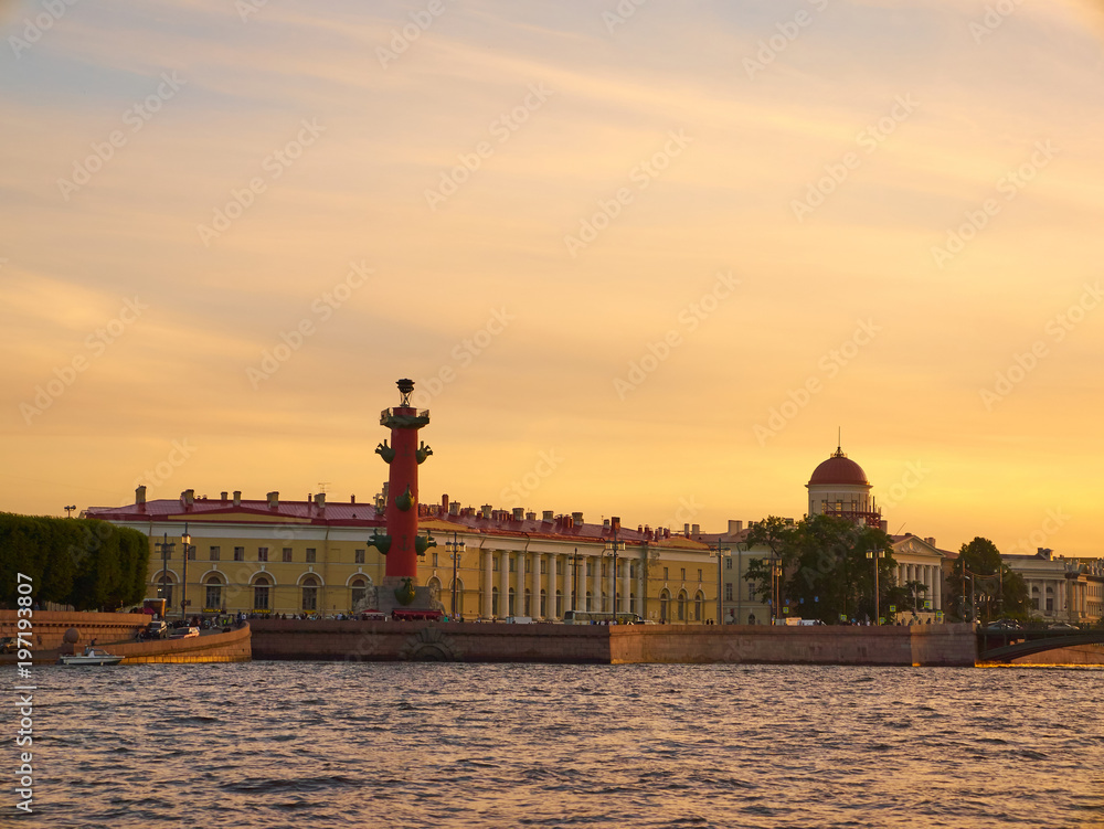 Obraz premium View towards the Rostral Columns at sunset. Saint Petersburg, Russia
