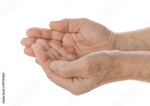 Empty cupped hand of old man