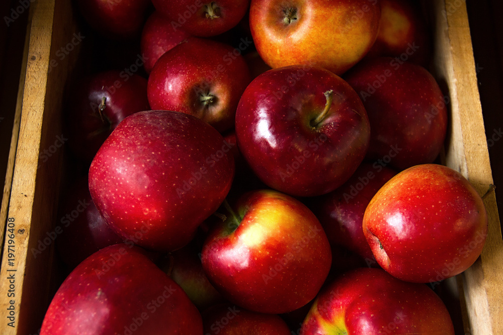 a few red orange macro apples with shadow in a wooden box a few red orange macro apples with shadow in a wooden box