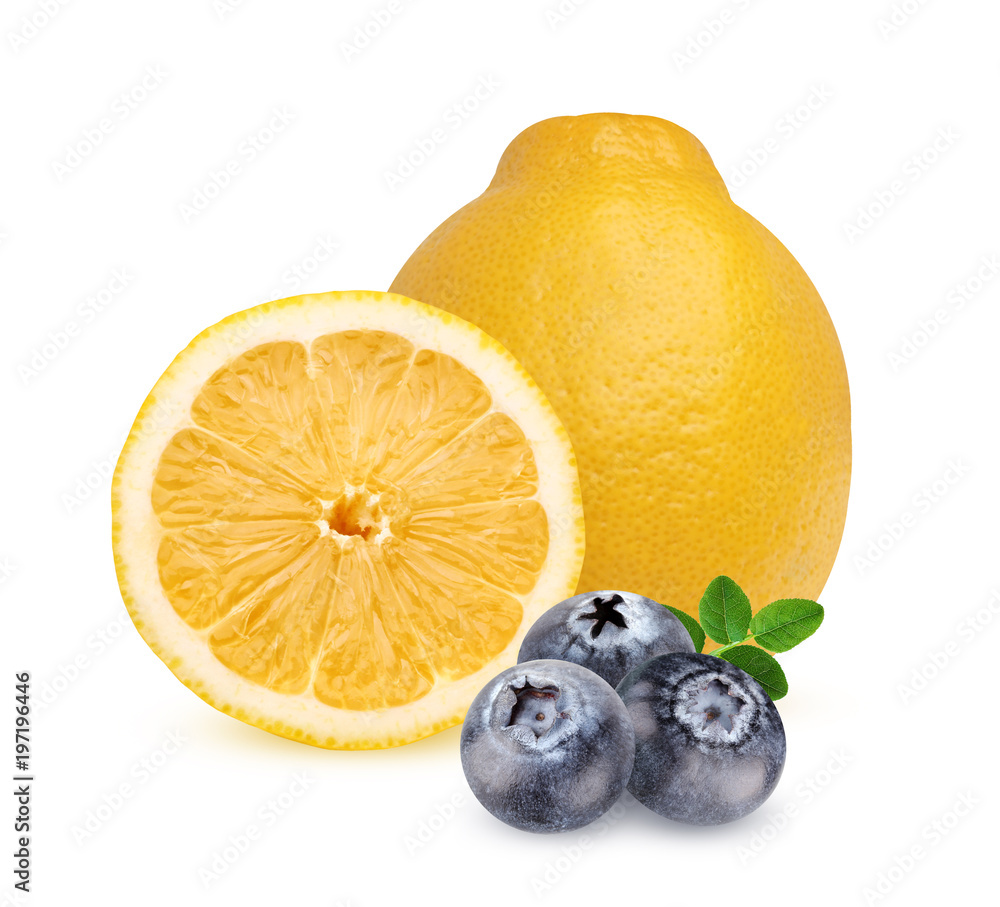 Lemon and blueberries, isolated on a white background. StockFoto