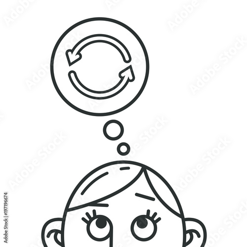 black and white line art cartoon illustration of a thought of renewal upload and update