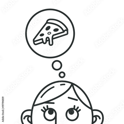 black and white line art cartoon illustration of the thought of pizza