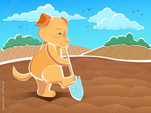 Vector illustration Dog - dig up seedbeds - bilding a path