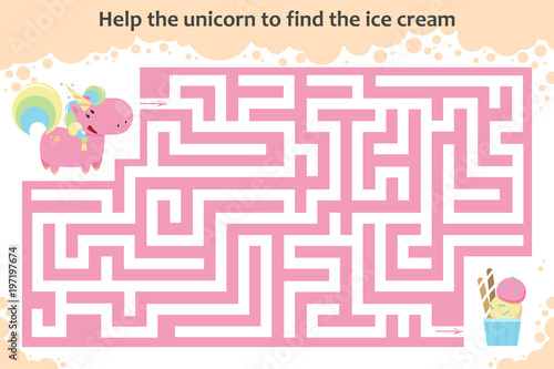 Vector maze game. Help the unicorn to find the ice cream. Children educational game