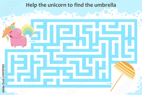Vector maze game. Help the unicorn to find the umbrella. Children educational game