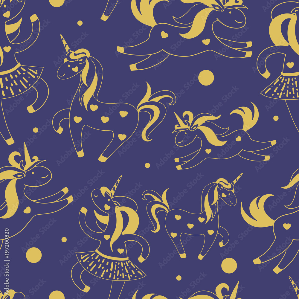 Golden Seamless pattern of cute cartoon unicorns, hearts, circles on a blue background. Vector illustration.