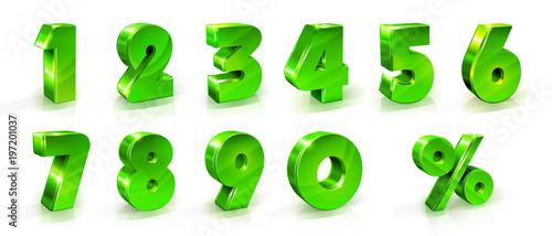 Green shiny numbers and percent sign set. 3d styled illustration