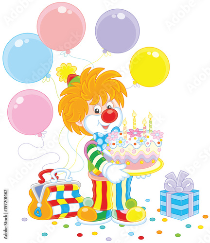Friendly smiling circus clown in a colorful suit with a birthday cake  balloons and a gift