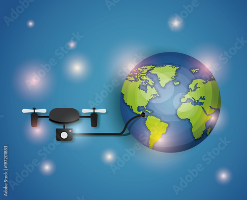 world planet with drone connection vector illustration design